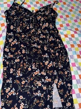 Blue Floral Midi Dress with Peach Accents